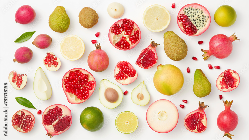 Top View of Exotic Fruits and Citrus Slices on a White Background Top View of Exotic Fruits and Citrus Slices on a White Background