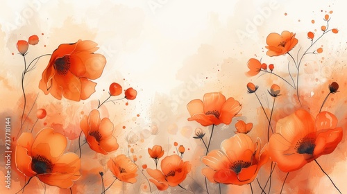 Background watercolor arrangements with simple flowers, Orange floral. Generative AI.