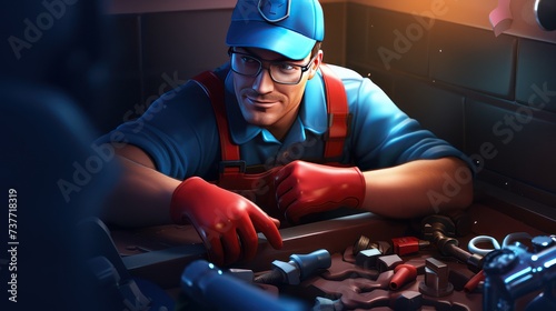 Illustration of a plumber repairing sanitation wearing a blue work uniform and hat photo