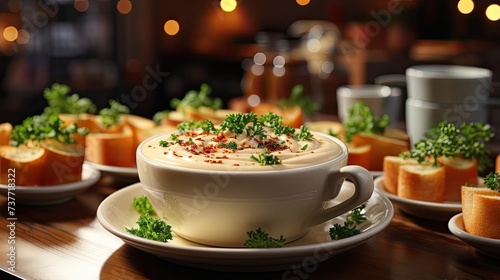 Delicious cream soup on tables with blurred background.