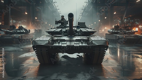 A tank parked in a futuristic military base garage. Generative AI. photo