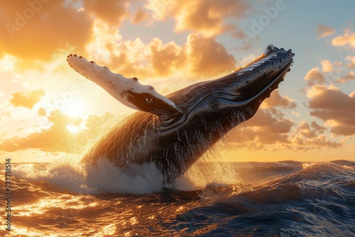 A humpback whale breaching majestically in the ocean at sunset. © GreenMOM