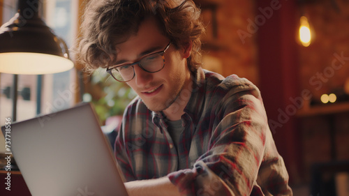 Happy Young Man Working on Laptop in a Plant-Filled Cozy Cafe