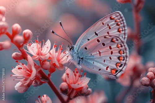 Butterfly's wings blending harmoniously with the blossoms.