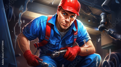 Illustration of a plumber repairing sanitation wearing a blue work uniform and hat