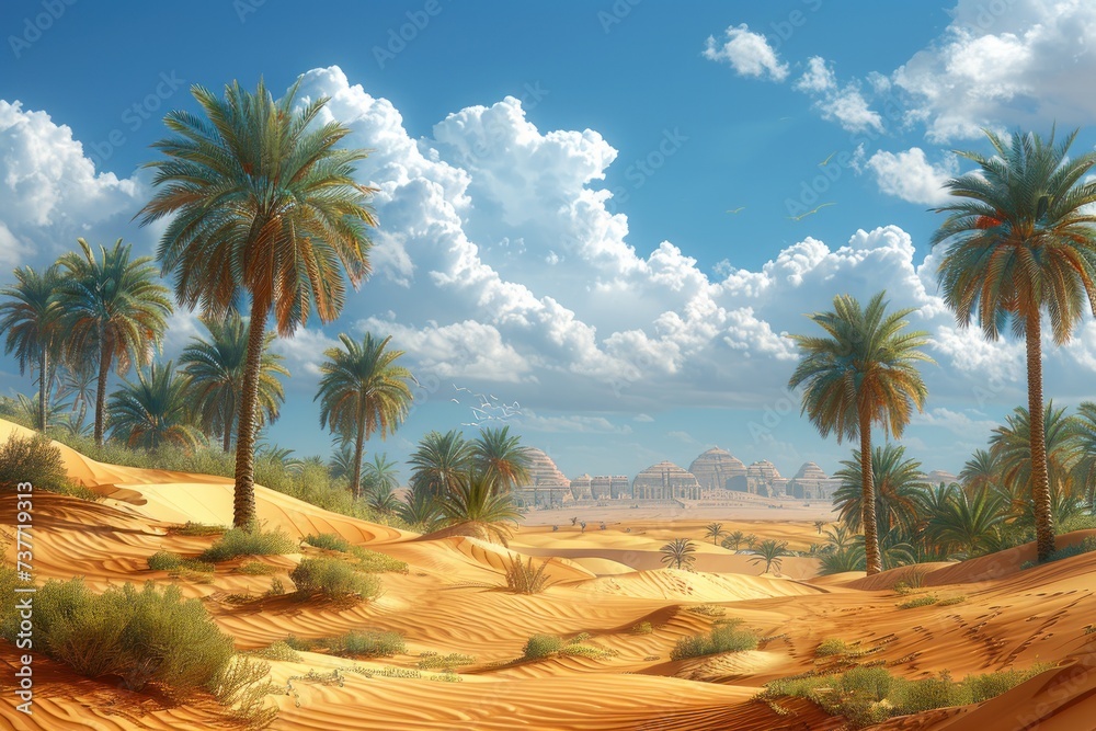 Desert with golden sand dunes stretching into the distance. Desert with golden sand dunes stretching into the distance.