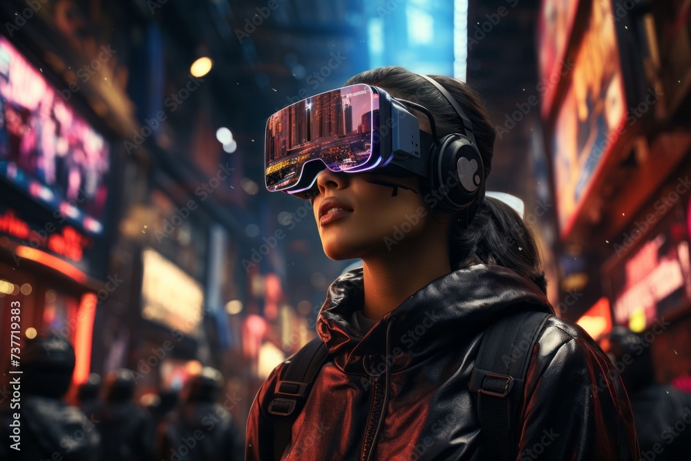 a woman is wearing a virtual reality headset in a city at night