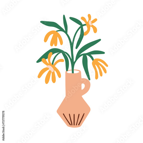 Flowers in vase. Gentle spring floral branch with simple blooms and leaf. Blo...