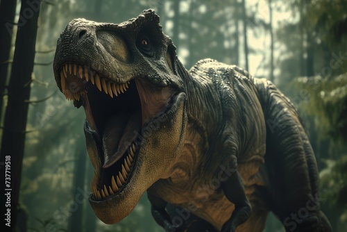 Realistic depiction of a T-Rex roaring in a misty prehistoric forest.