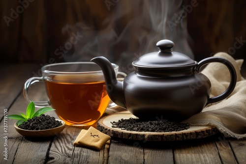 Hot black tea in a glass cup with teapot and loose tea leaves on a rustic background.