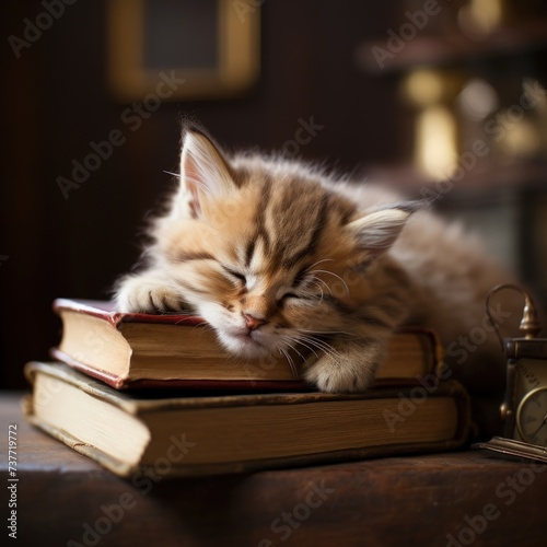 A Kitten Sleeping on an Old Book