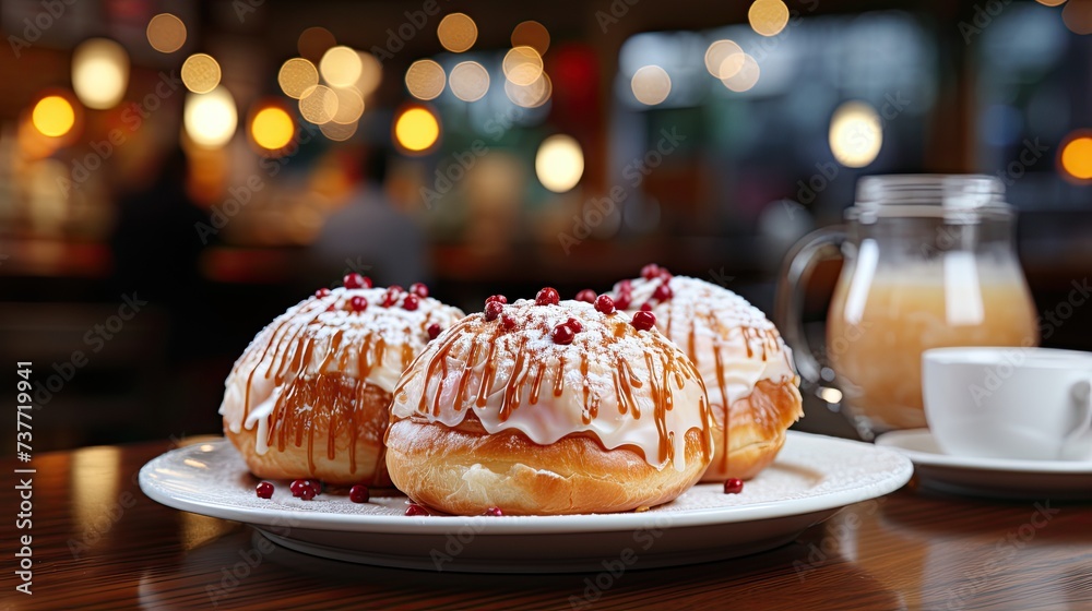 Delicious krapfen on tables with blurred background.
Delicious krapfen on tables with blurred background.