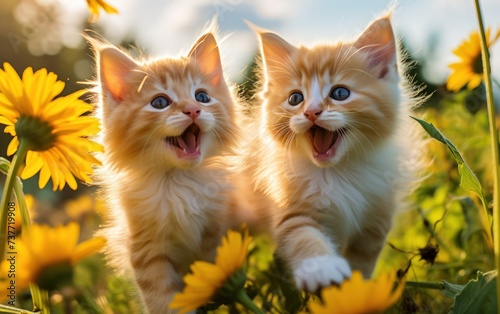Two Playful Orange Kittens in a Sunflower Field © crazyass