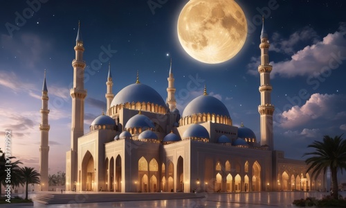 Best islamic background, beautiful mosque in beautiful night, full of stars, eid al fitr atmosphere, Starry & Moon Sky at the night © Easy