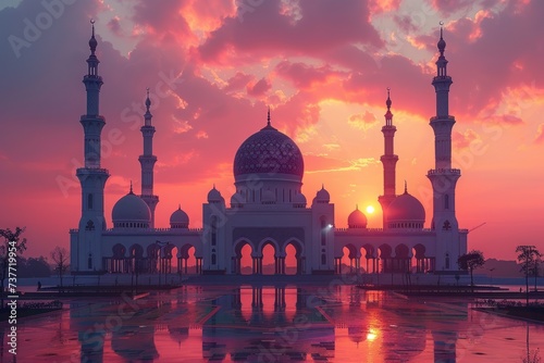An iconic mosque with its intricate architecture and towering minarets on sunset.