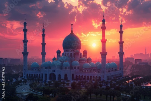 An iconic mosque with its intricate architecture and towering minarets on sunset. photo