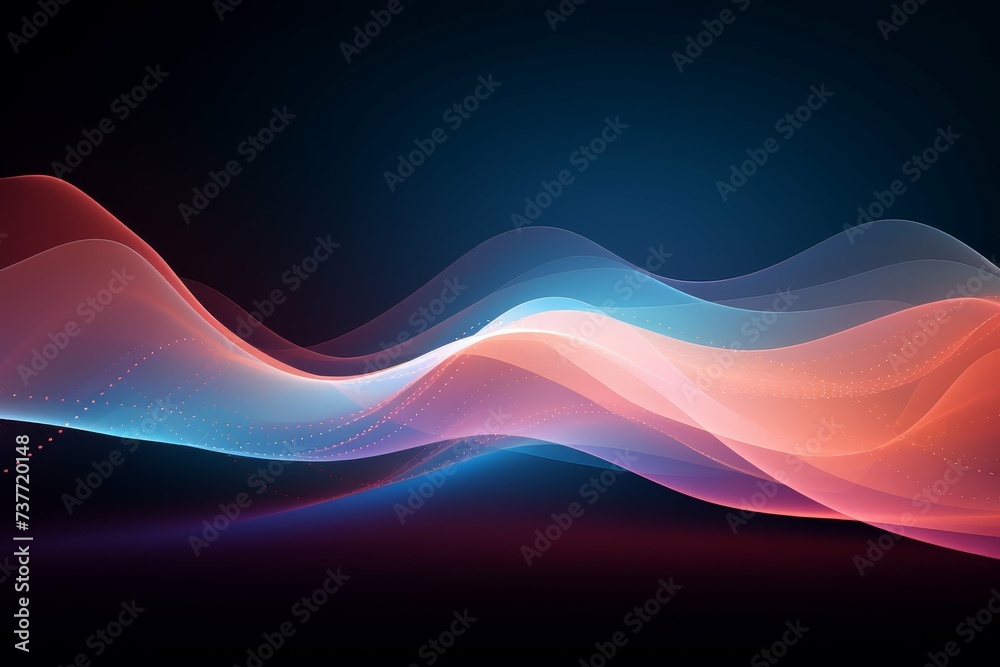 A smooth abstract background with waves of pink and blue colors and glowing particles.