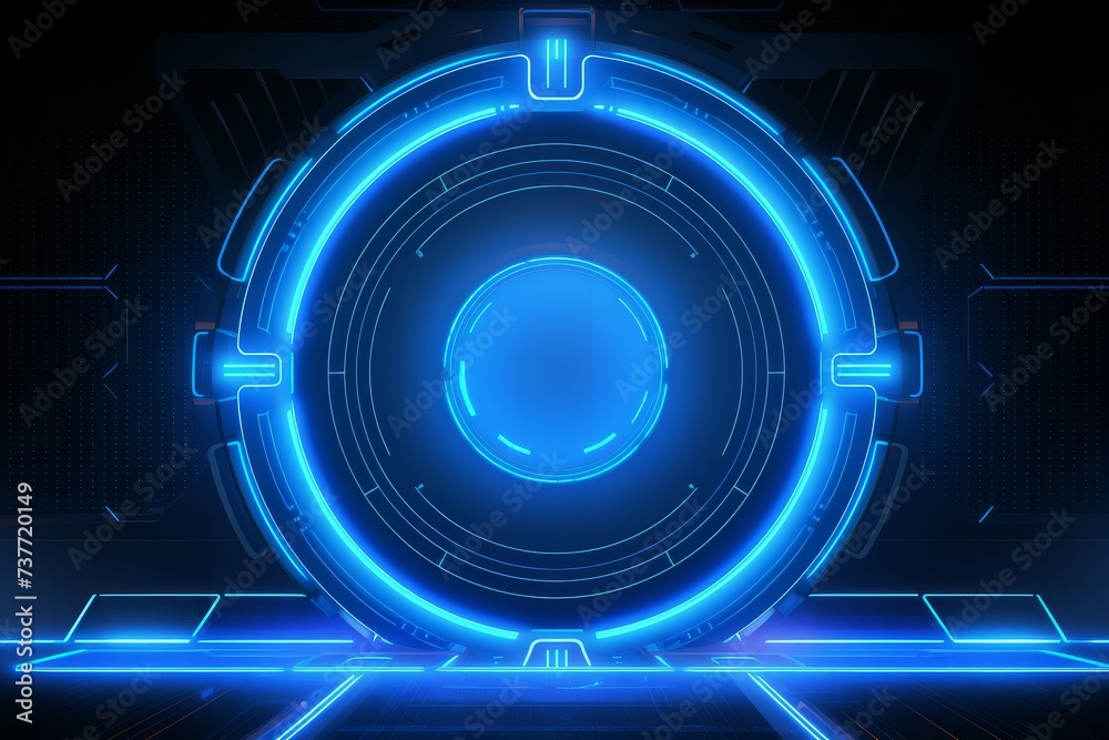 Digital illustration of a blue sci-fi portal with neon lights and futuristic interface. Digital illustration of a blue sci-fi portal with neon lights and futuristic interface.