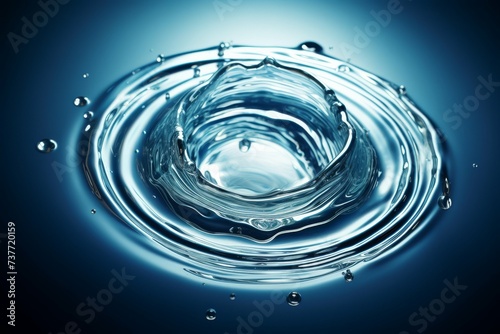 Close-up of a water droplet creating ripples on a calm blue water surface, purity concept.