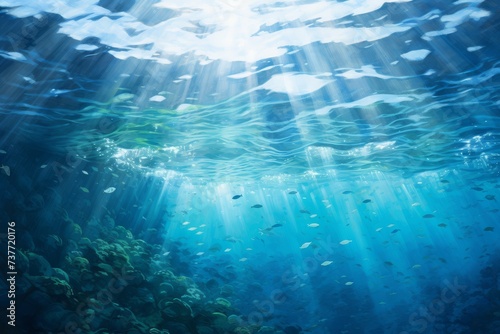 Sunlight filters through the ocean surface onto schools of fish above the coral reef.