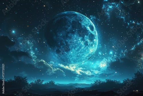 The beauty of the night sky a starry expanse  with the moon shining brightly.