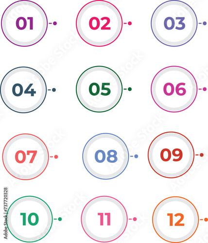 Bullet points numbers. Colorful list markers from 1 to 12. Vector design elements set for modern infographic.