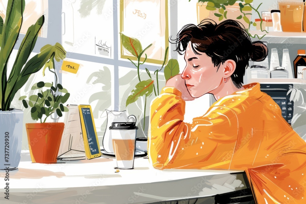 A woman in a coffee shop drinking coffee and thinking for herself A woman in a coffee shop drinking coffee and thinking for herself