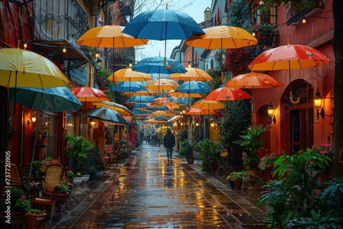 A bustling street filled with colorful umbrellas, people enjoying outdoor cafes. © ant