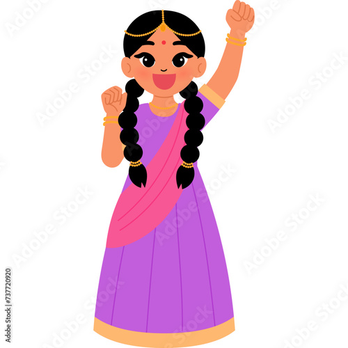 Happy cute Indian girl in traditional costume yippee cartoon illustration photo