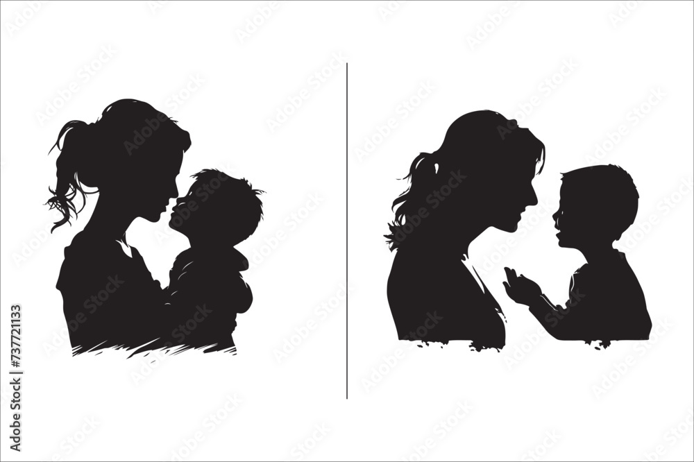 Silhouette mother with a Daughter, mother with a son Vector illustration for Mother's Day. - obrazy, fototapety, plakaty 