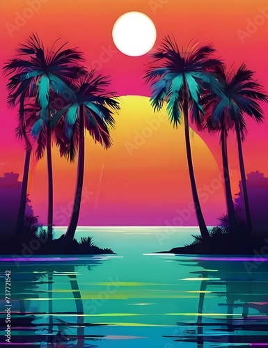 Abstract palm summer vibrant gradient background vector graphic illustration. Futuristic neon backdrop with different trees branch bright design. Tropical and vacation concept Generative AI