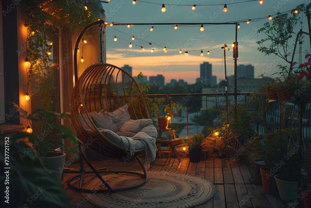 A comfortable rooftop patio area with a lounging area, a hanging chair, and string lights at dusk in the summer, perfect for relaxation and leisure. - obrazy, fototapety, plakaty 