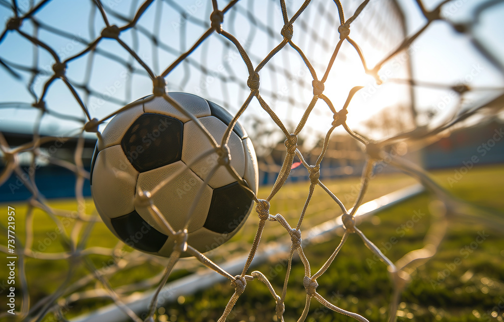 Naklejka premium Football arena, soccer ball in the stadium, ball in soccer net, ball in the goal, close-up. Football match, championship, sports. Photorealistic, bokeh effect. 