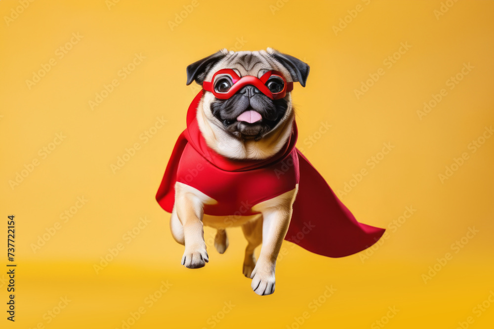 Porttrait a pug dog in a red superhero cloak at yellow background. Superhero concept.