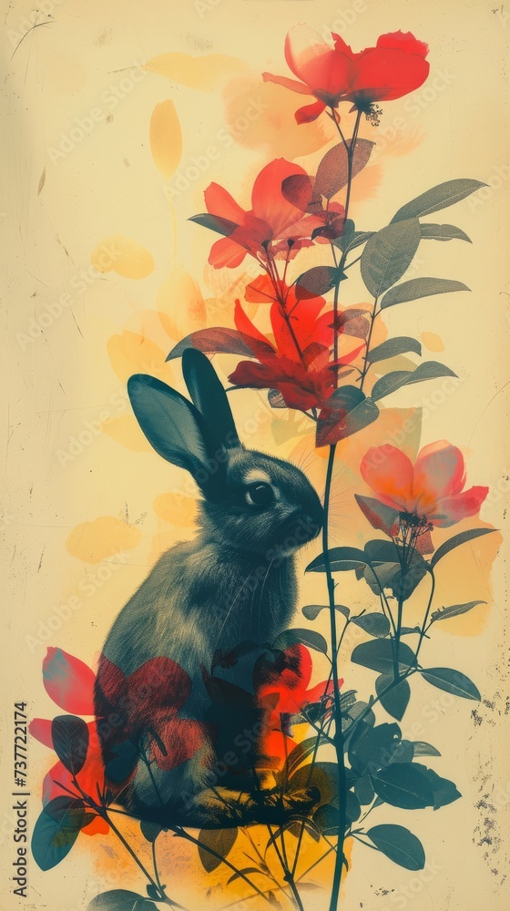 Botanical Easter Bunny, Collotype, Whimsical Collage Photo Print, Hand Colored Print, Double Exposure, Rabbit, Bold Colors, Gelatin Print, Dark Blue and White and Red, Yellow, Three Colours Only