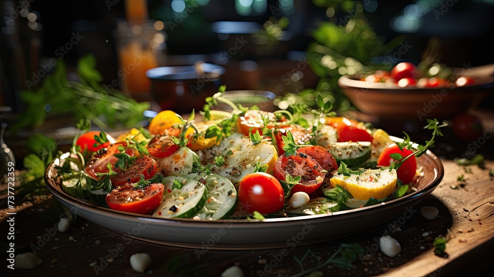 Delicious fresh salad on tables with blurred background. Delicious fresh salad on tables with blurred background.