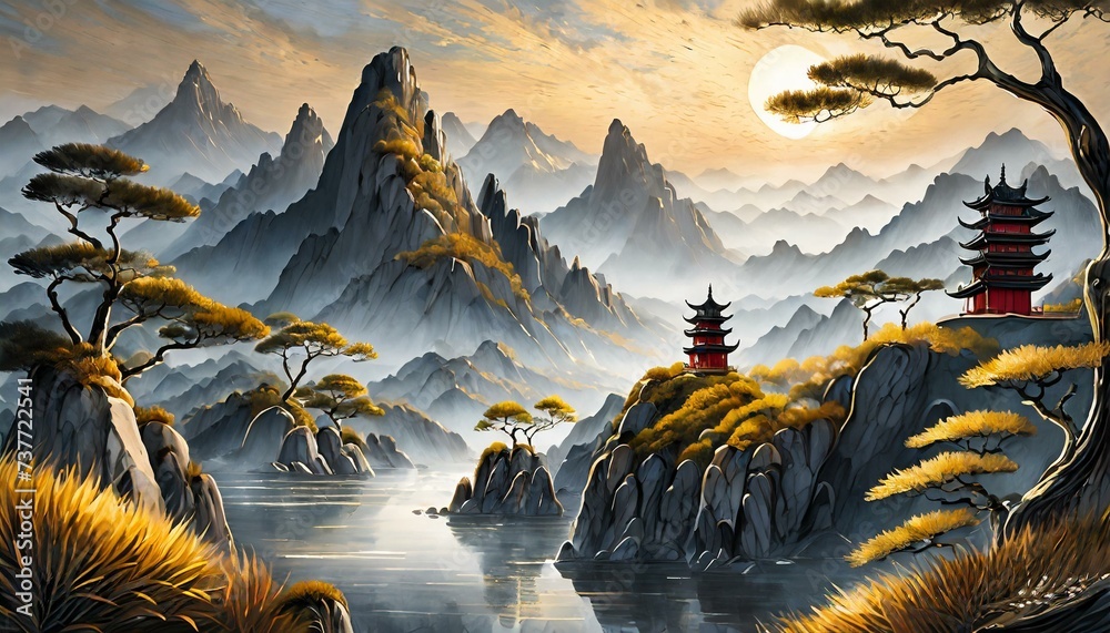 sunset over the river,New Chinese style national trend abstract art mountain landscape painting, creative golden line drawing landscape concept illustration - obrazy, fototapety, plakaty 
