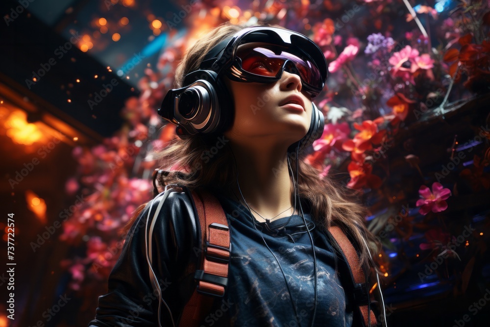 A woman in goggles and headphones gazes at the sky in electric blue