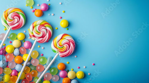 colorful lollipops on colorful candy and colorful gumballs on blue background with copy space photo