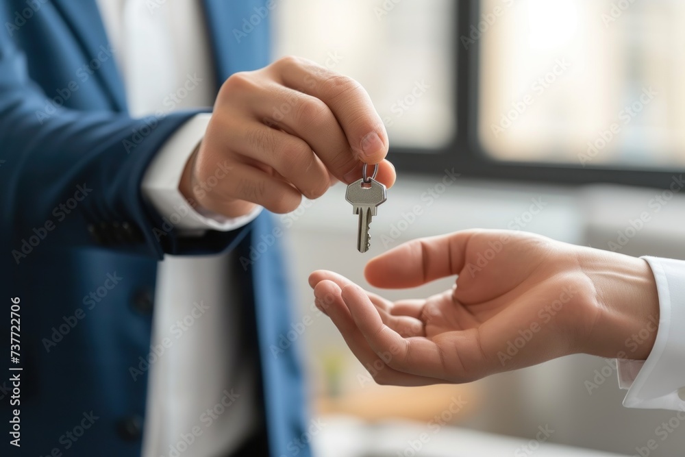 real estate agent gives key to new apartment owner