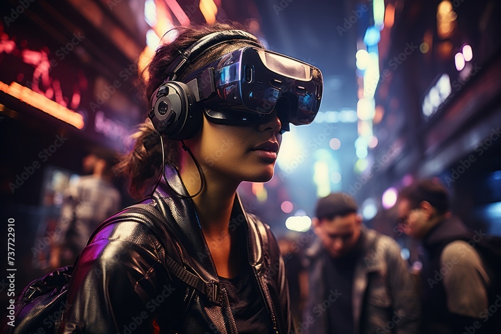 A woman wearing a virtual reality headset and headphones at midnight