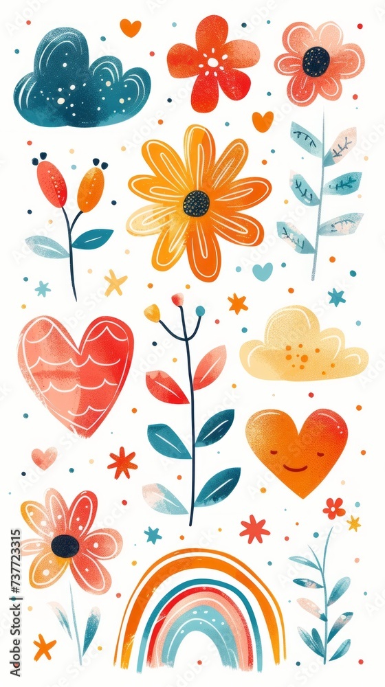 Clipart Set, Love and Rainbows, Flowers, Hearts, Leaves, Floral, Botanical, Plants, Watercolor, Childhood, Fun, Cute, Whimsical, Clouds, Red and Orange and Blue, Hearts and Clouds with faces