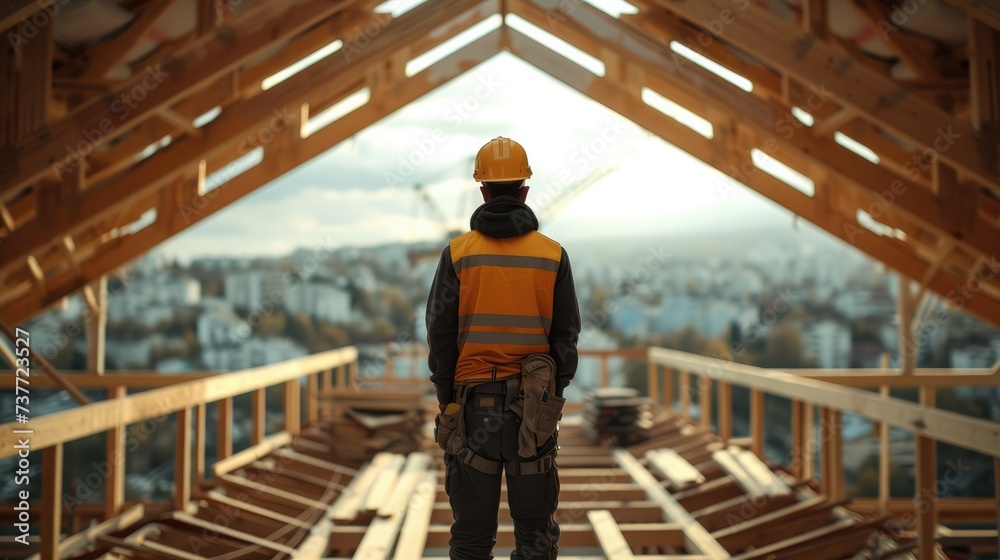 Construction worker working on roof structure of building on construction site. Generative AI.