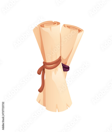 Old parchment roll. Ancient paper, papyrus scroll tied with rope, twine. Medieval ragged document. Antique historical vintage letter. Flat cartoon vector illustration isolated on white background