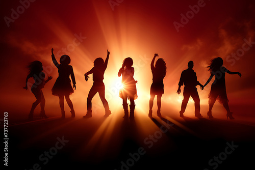 Silhouette of people dancing at night club. Vector background.