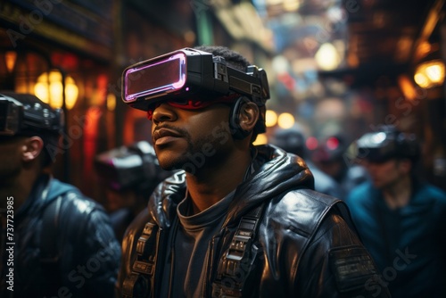 a man wearing a virtual reality headset is standing in a crowd of people