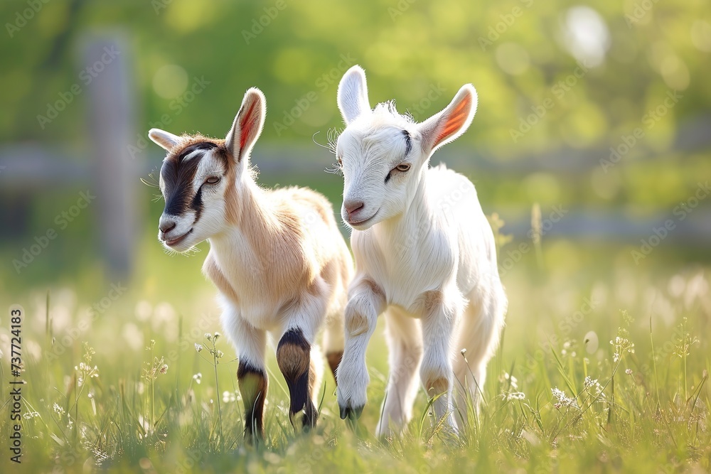 Two little funny baby goats playing on meadow with wildflowers. Farm animals in summer.