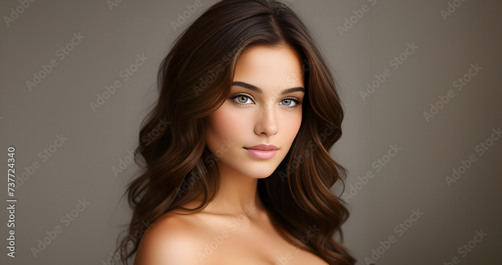 Naklejka premium Beautiful brunette girl, closeup face. Beautiful brunette woman, portrait closeup. Face of young woman with blue eyes and wavy hair. Beauty face. Model girl with curly hairstyle. Woman face close up.