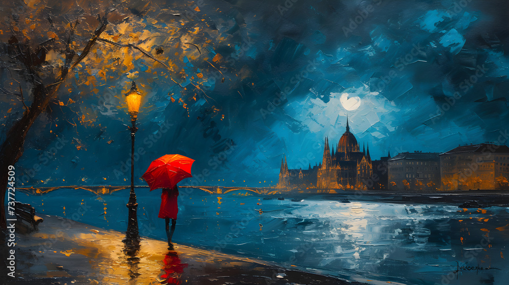 An oil painting of a street view in Budapest, Hungary, at night, capturing the romantic and vibrant atmosphere of the city. - obrazy, fototapety, plakaty 