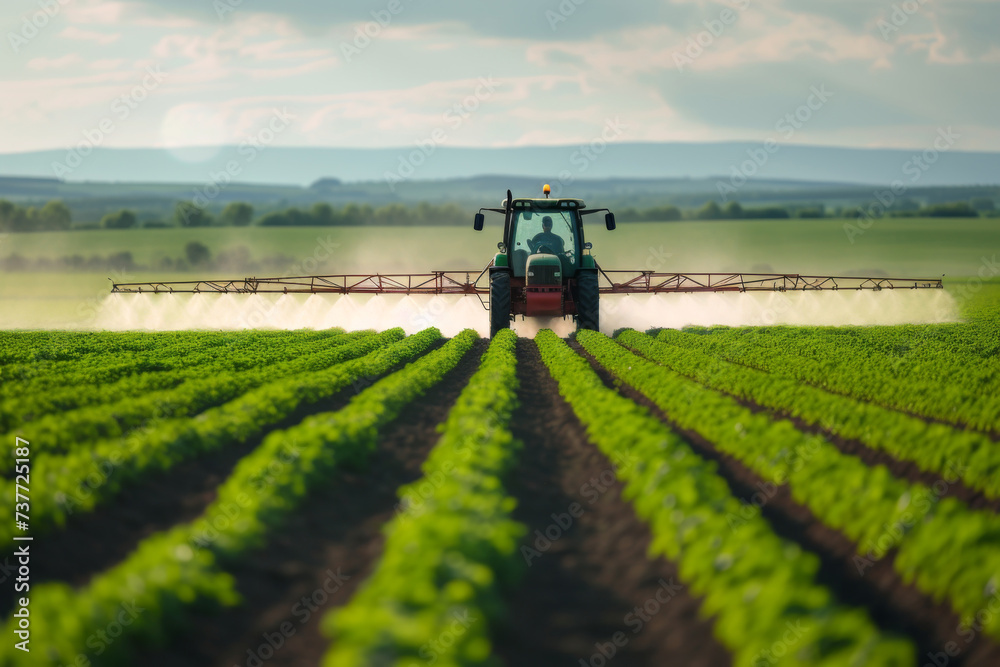 Agriculture tractor spraying fertilizer on agricultural field. Smart agriculture farming, agricultural food crops technology concept. Agriculture tractor spraying fertilizer on agricultural field. Smart agriculture farming, agricultural food crops technology concept.